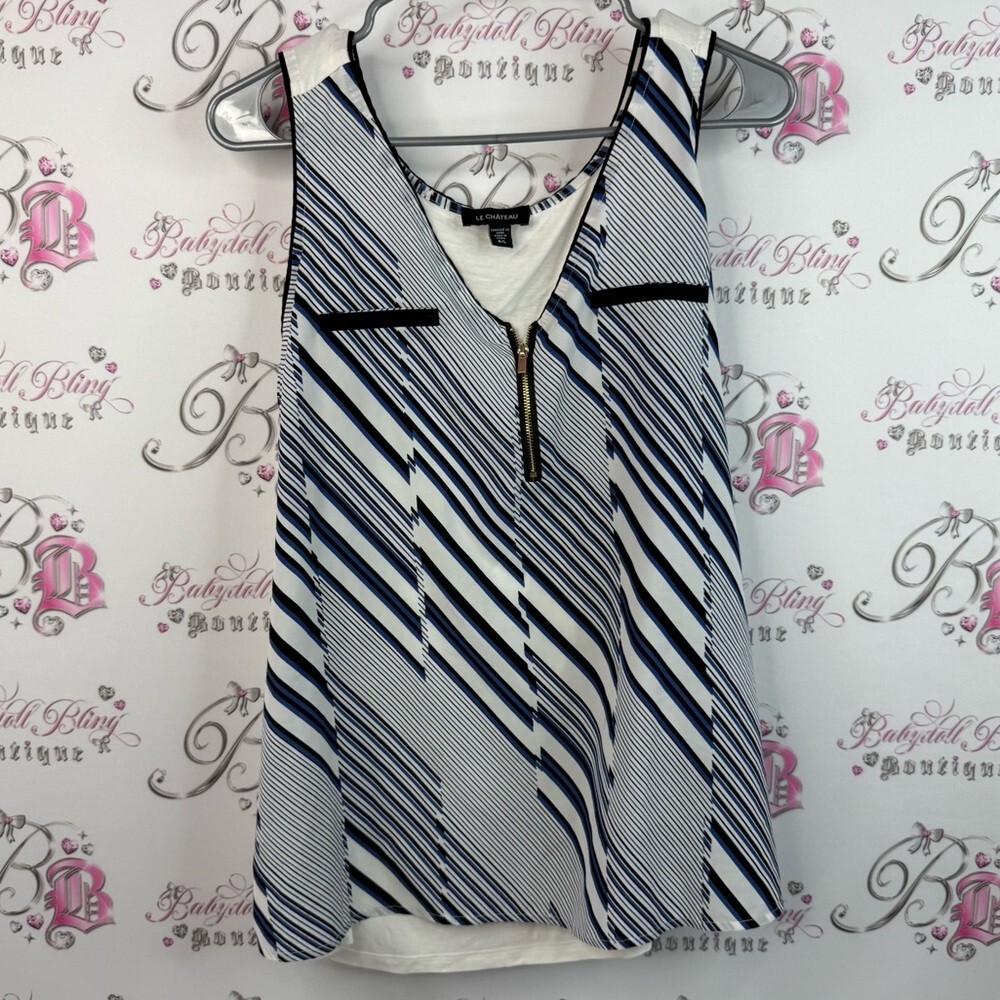 Le Chateau tank top gold zip up flowy shirt Navy White Striped Tank Top